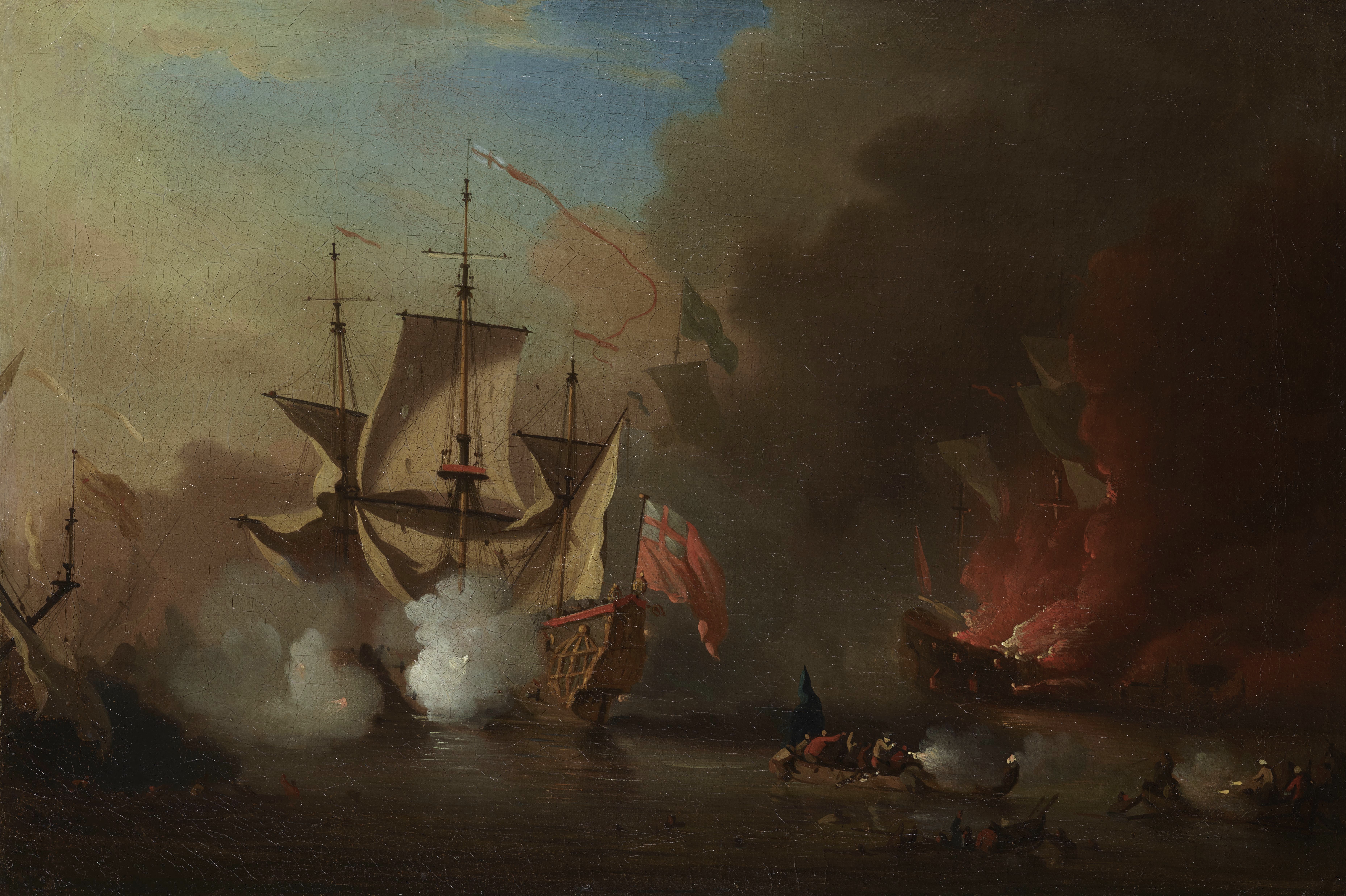 An English ship in action with Barbary ships at night